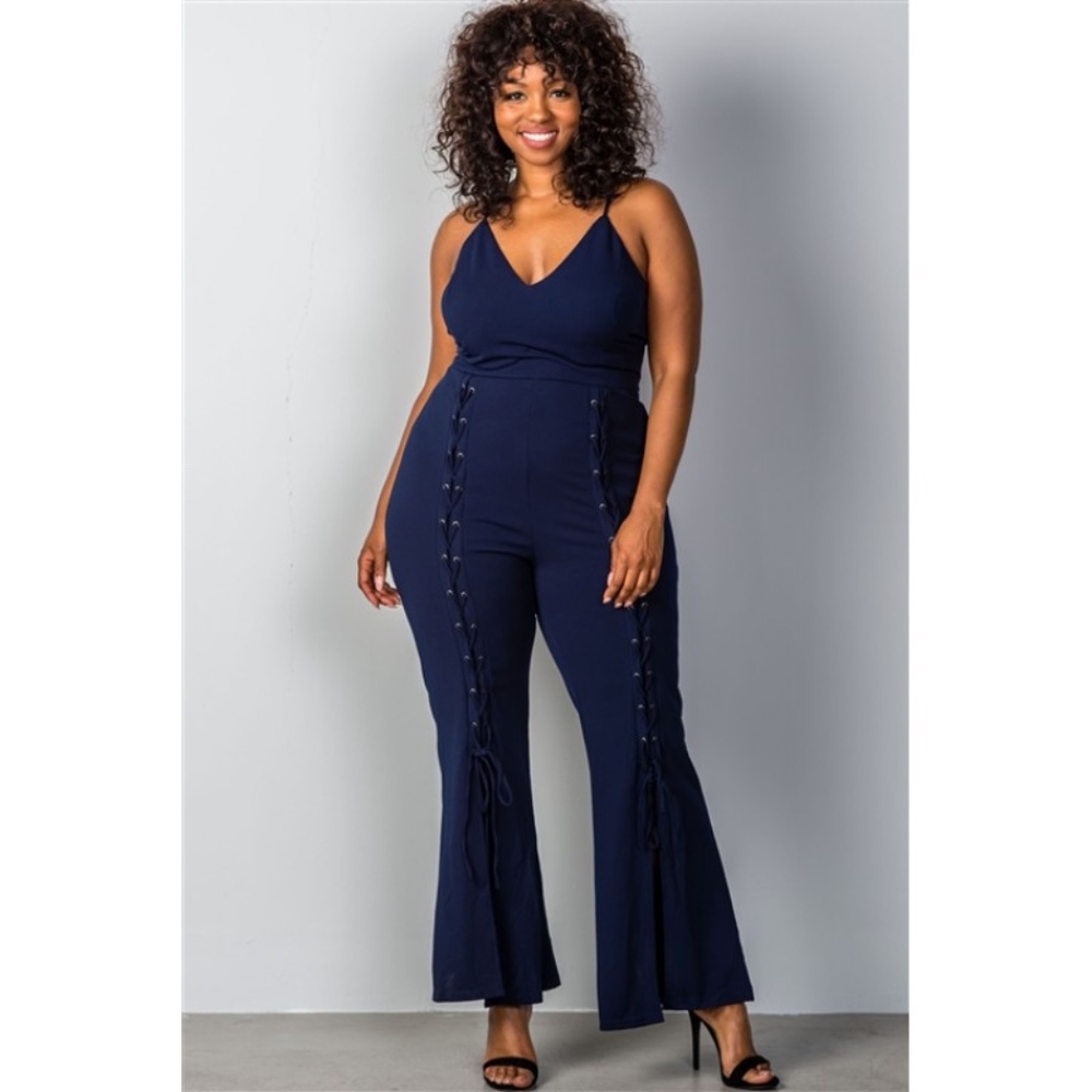 Wide Split Leg Lace-Up Plus Size Jumpsuit (Black) - Picture 5 of 6